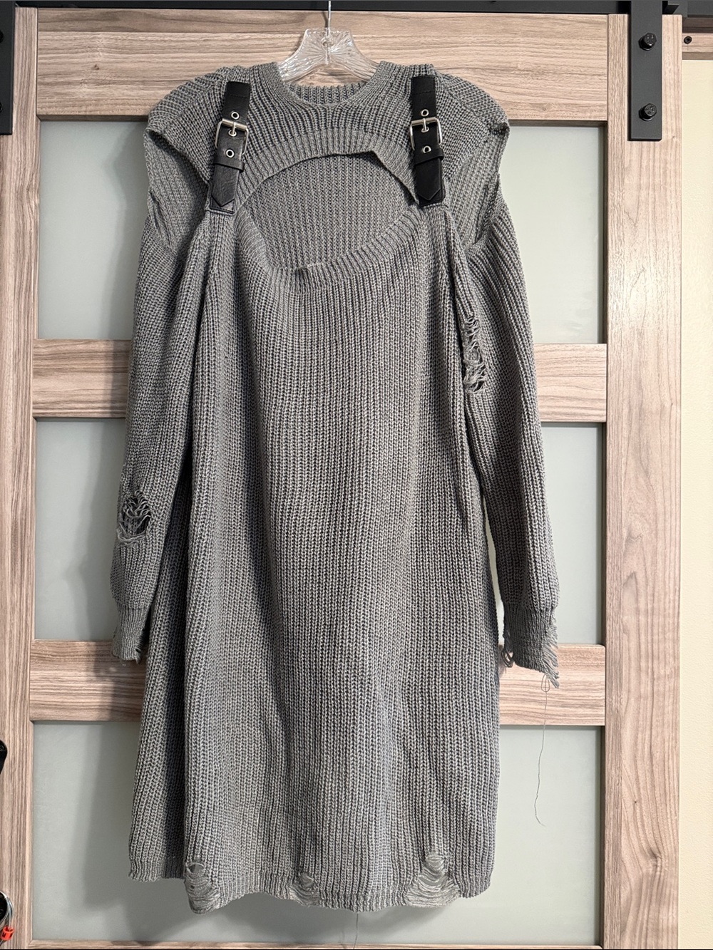 SHEIN Gray Off-the-Shoulder Distressed Sweater Dress with Buckle Straps Hoodie